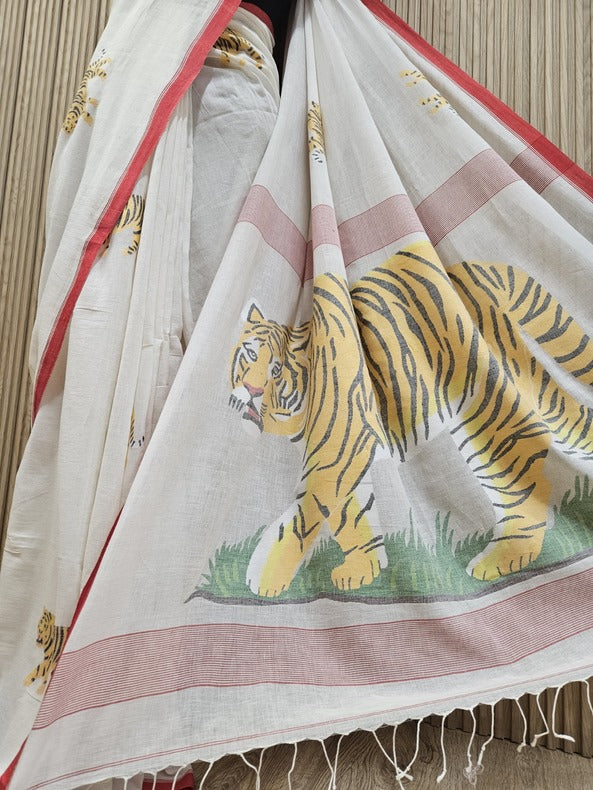 Art Of Bengal Tiger | Handspun Handwoven Cotton Jamdani Saree