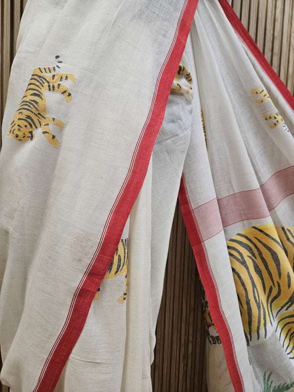 Art Of Bengal Tiger | Handspun Handwoven Cotton Jamdani Saree