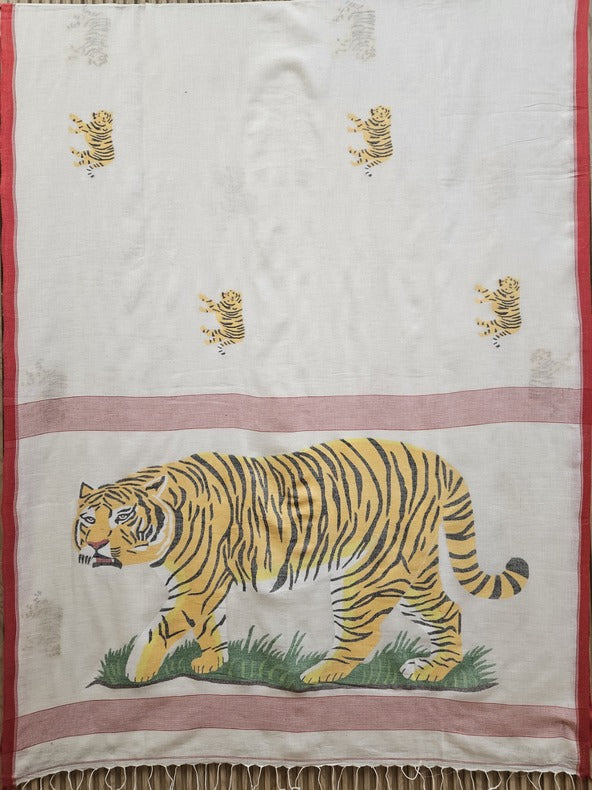 Art Of Bengal Tiger | Handspun Handwoven Cotton Jamdani Saree