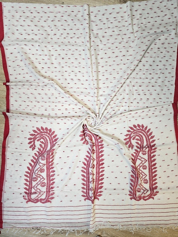 Off-White & Red Handwoven Traditional Cotton Jamdani Saree Balaram Saha