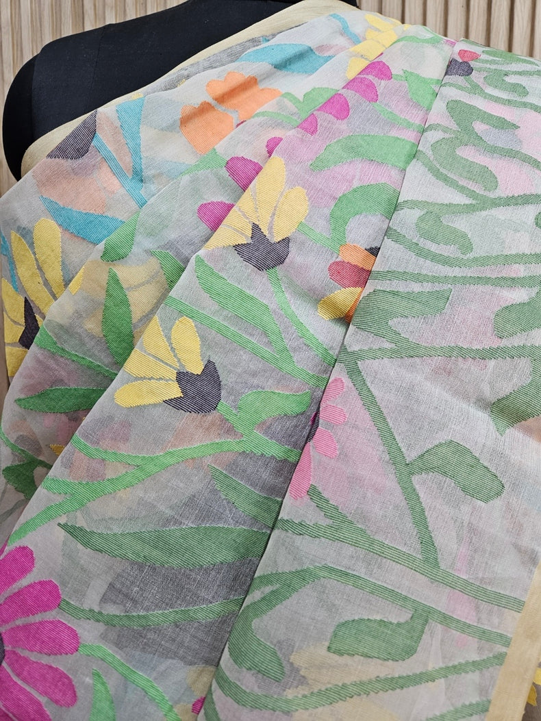 Balaram Saha Presents: Off-White & Multicolor Sunflower Muslin Silk Jamdani Saree Balaram Saha