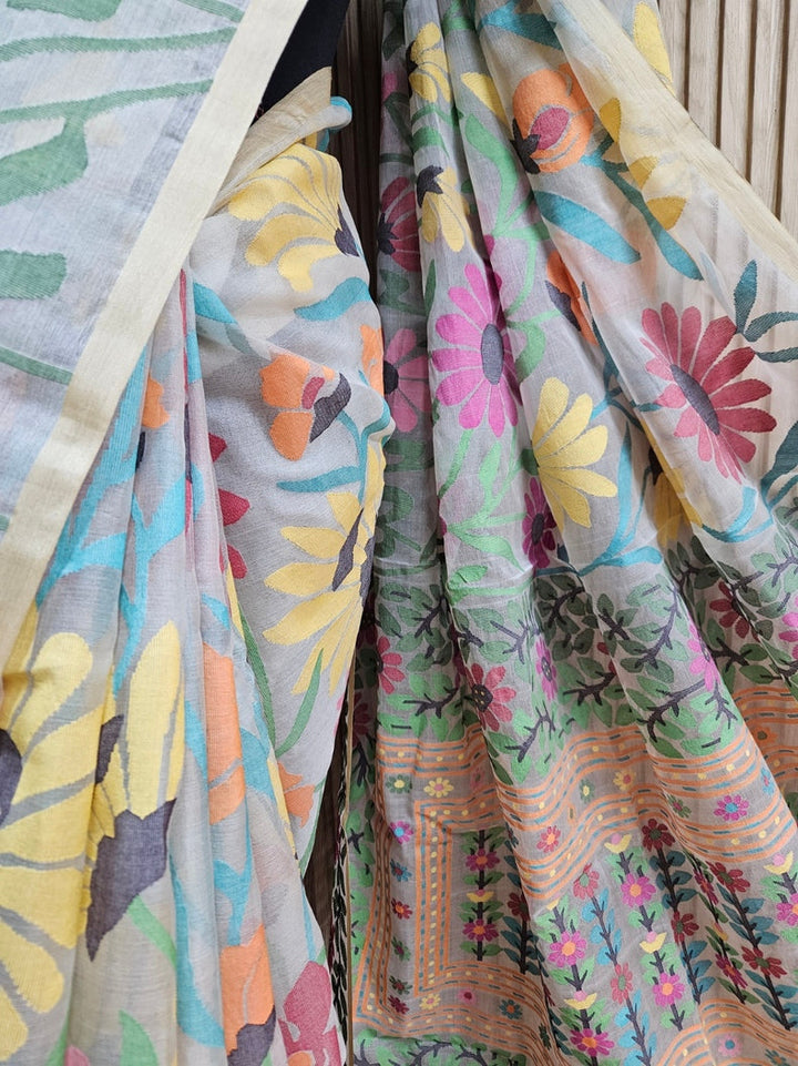 Balaram Saha Presents: Off-White & Multicolor Sunflower Muslin Silk Jamdani Saree Balaram Saha