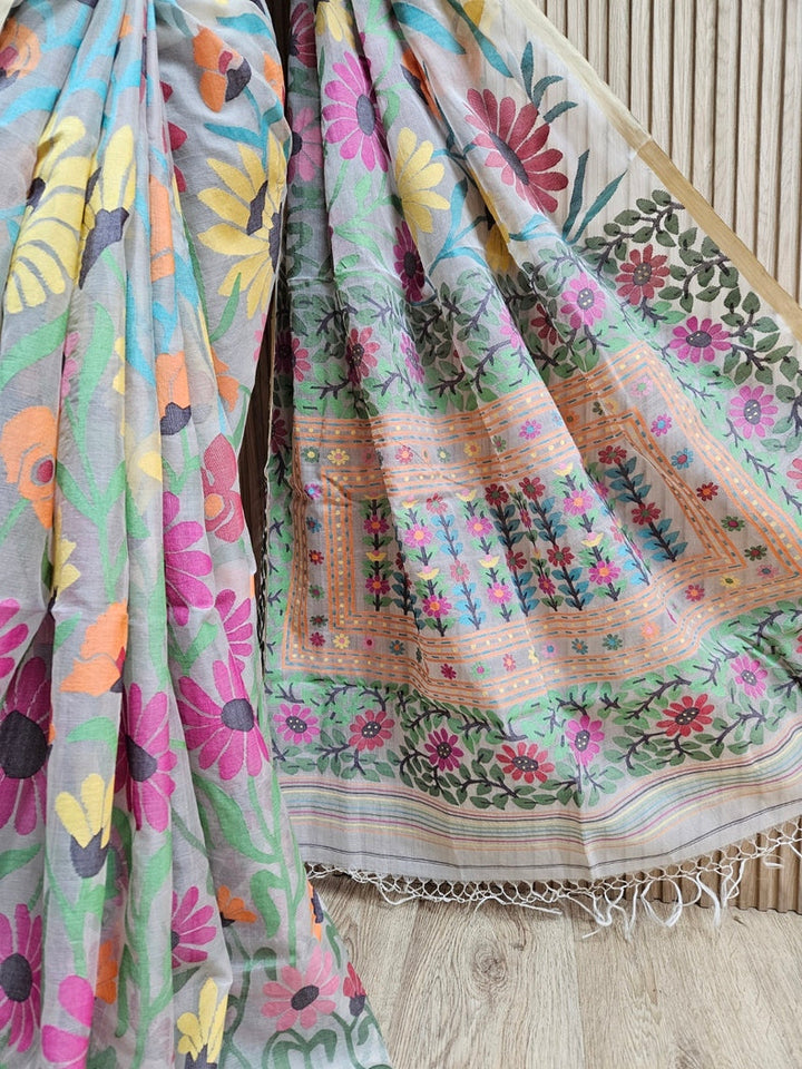 Balaram Saha Presents: Off-White & Multicolor Sunflower Muslin Silk Jamdani Saree Balaram Saha
