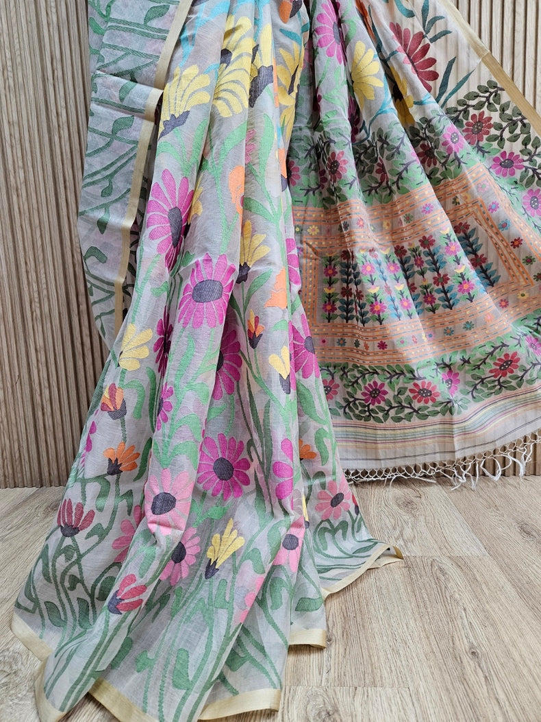 Balaram Saha Presents: Off-White & Multicolor Sunflower Muslin Silk Jamdani Saree Balaram Saha