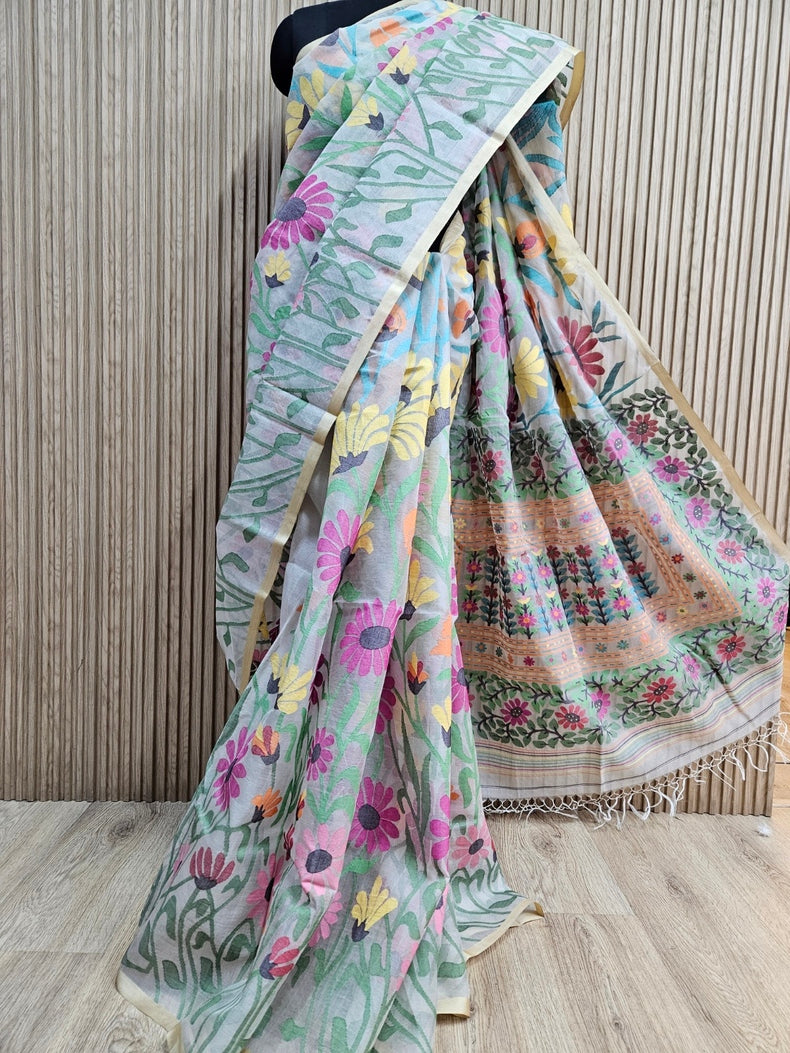 Balaram Saha Presents: Off-White & Multicolor Sunflower Muslin Silk Jamdani Saree Balaram Saha