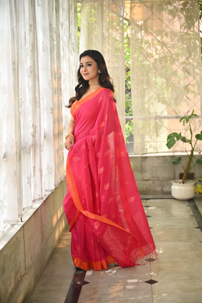 Khadi Cotton Saree - Rani Pink & Orange by Balaram Saha Balaram Saha