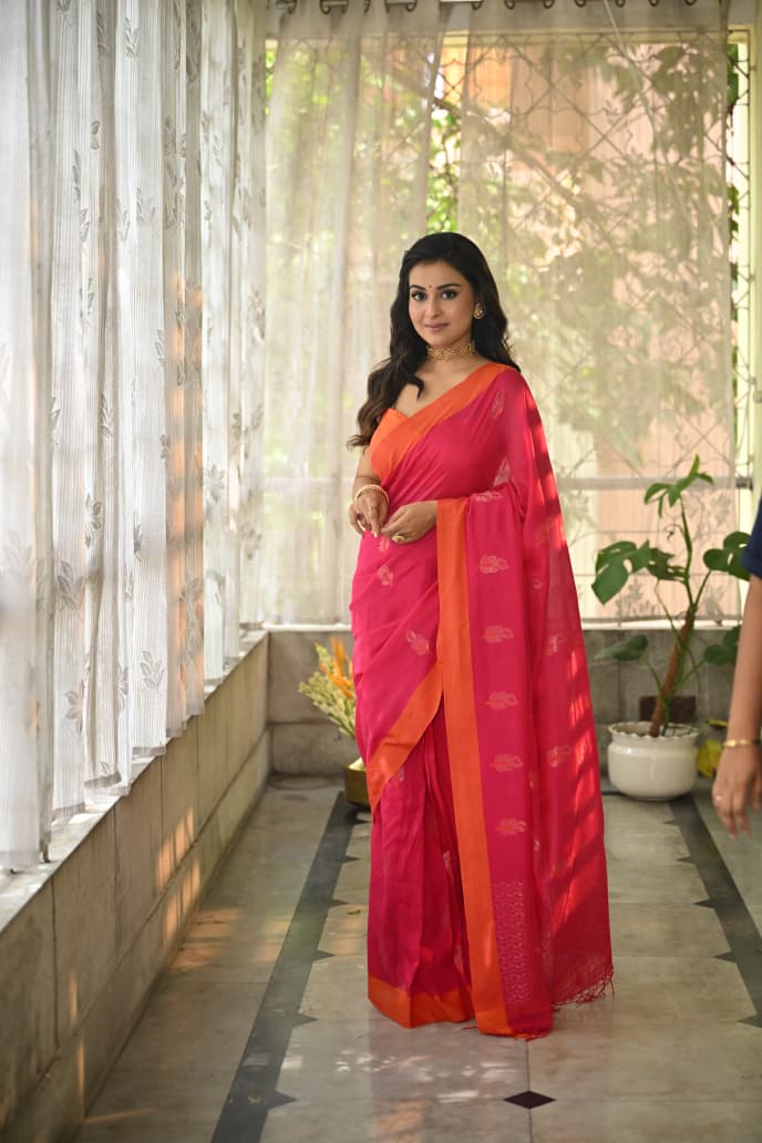 Khadi Cotton Saree - Rani Pink & Orange by Balaram Saha Balaram Saha