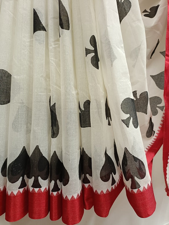 White and Black Handloom Handblock Printed Cotton Saree Balaram Saha