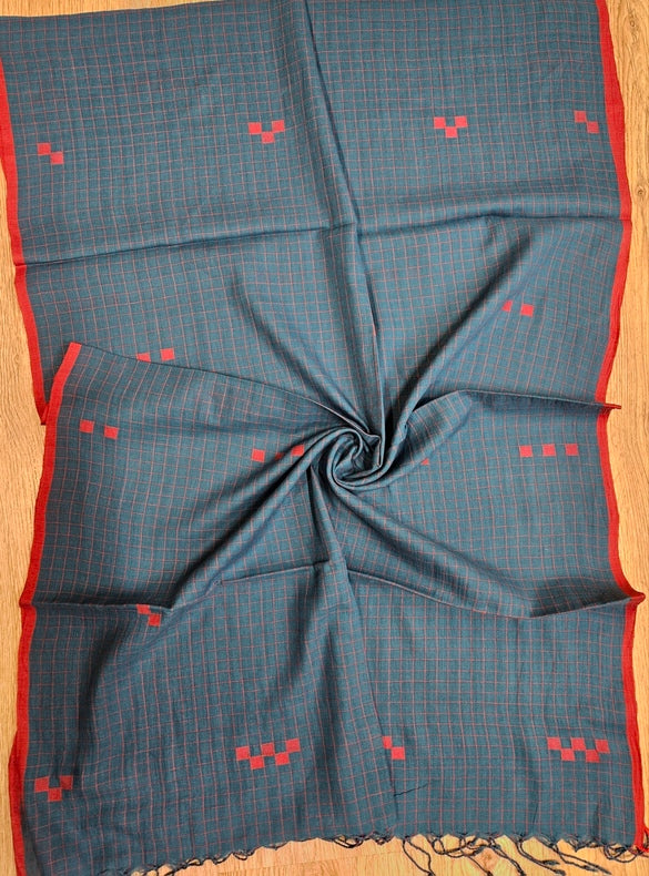 Teal Blue & Red Handloom Handwoven Jamdani Stole Balaram Saha