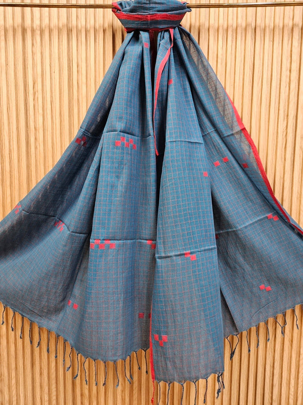 Teal Blue & Red Handloom Handwoven Jamdani Stole Balaram Saha