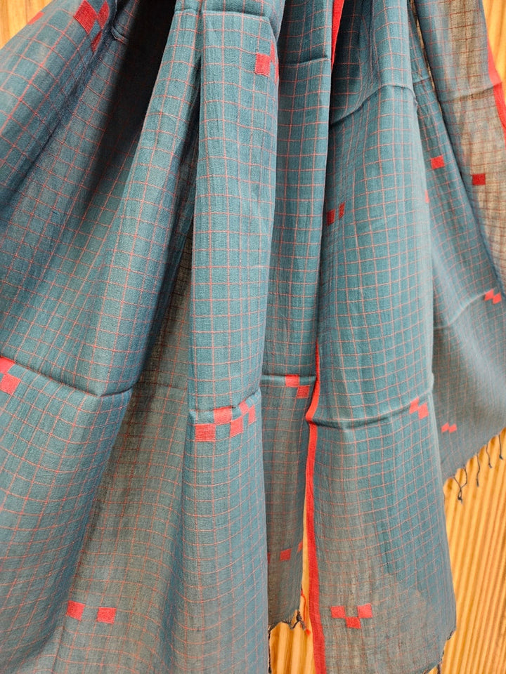 Teal Blue & Red Handloom Handwoven Jamdani Stole Balaram Saha