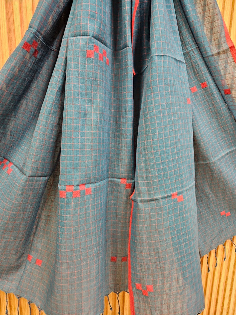 Teal Blue & Red Handloom Handwoven Jamdani Stole Balaram Saha