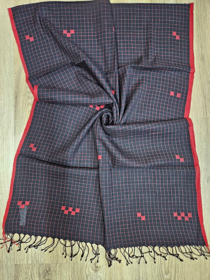 Black & Red Handloom Handwoven Jamdani Stole Balaram Saha
