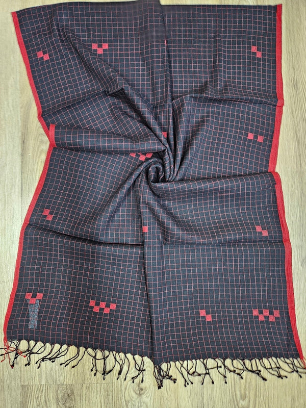 Black & Red Handloom Handwoven Jamdani Stole Balaram Saha