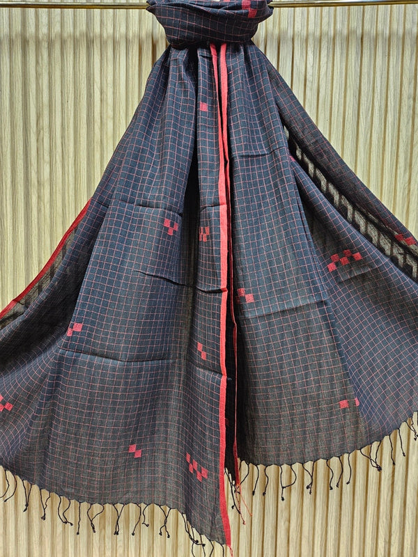 Black & Red Handloom Handwoven Jamdani Stole Balaram Saha