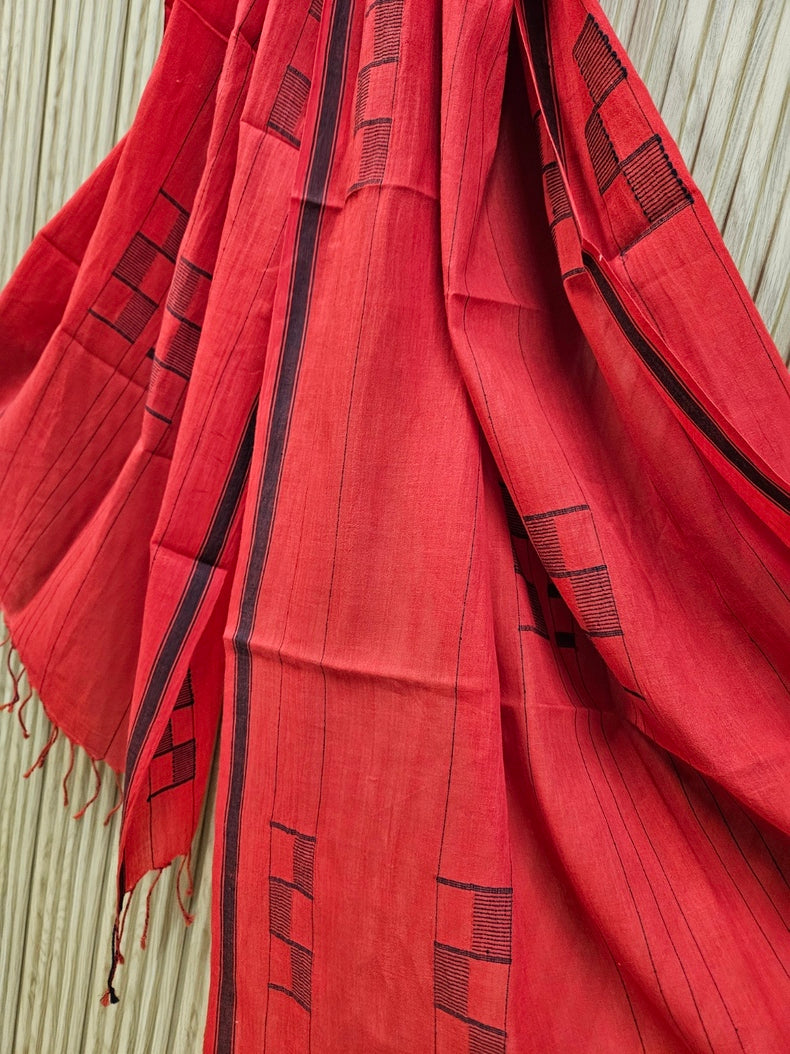 Red & Black Handloom Handwoven Jamdani Stole Balaram Saha
