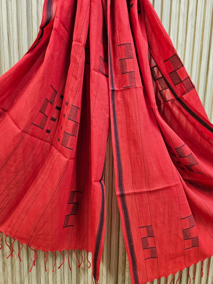 Red & Black Handloom Handwoven Jamdani Stole Balaram Saha