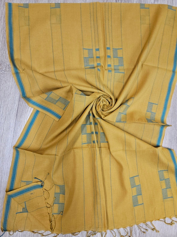 Mustard Yellow & Green Handloom Handwoven Jamdani Stole Balaram Saha