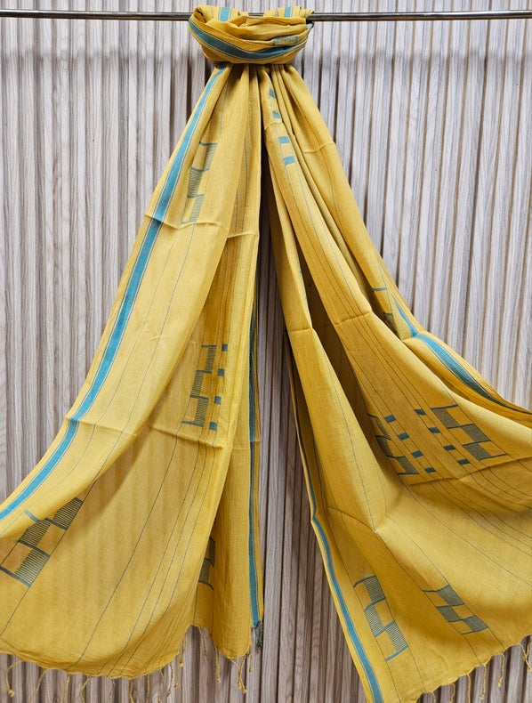 Mustard Yellow & Green Handloom Handwoven Jamdani Stole Balaram Saha