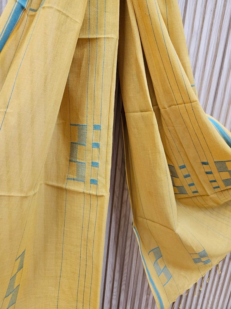 Mustard Yellow & Green Handloom Handwoven Jamdani Stole Balaram Saha