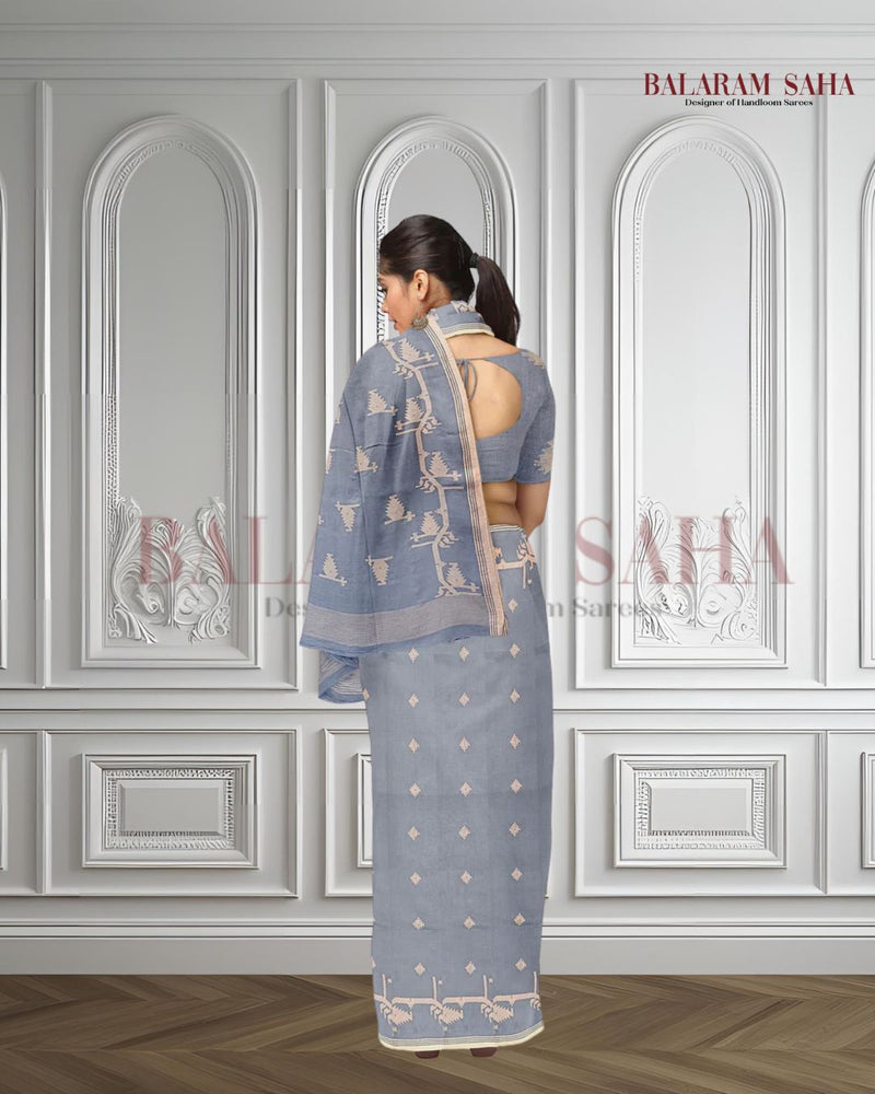 Handspun & Handwoven, sky blue & white, soft cotton Jamdani Saree Balaram Saha