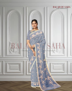 Handspun & Handwoven, sky blue & white, soft cotton Jamdani Saree Balaram Saha