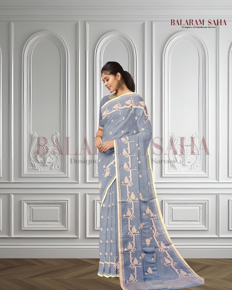 Handspun & Handwoven, sky blue & white, soft cotton Jamdani Saree Balaram Saha