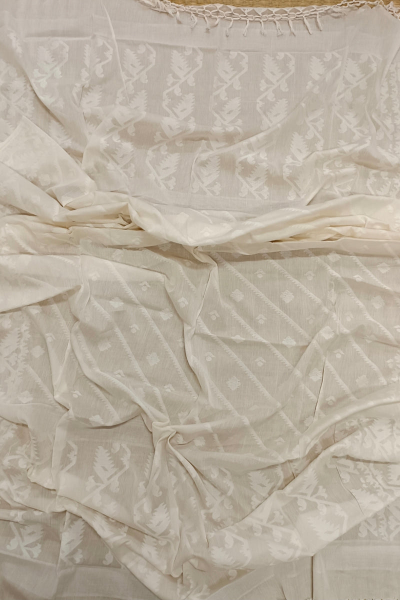 Handloom White & White Jamdani  Unstitched 2-piece Kurta Set Balaram Saha