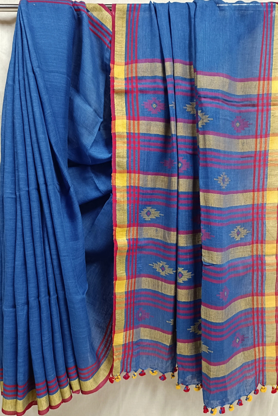 Royal Blue Handloom Linen Jamdani saree Balaram Saha