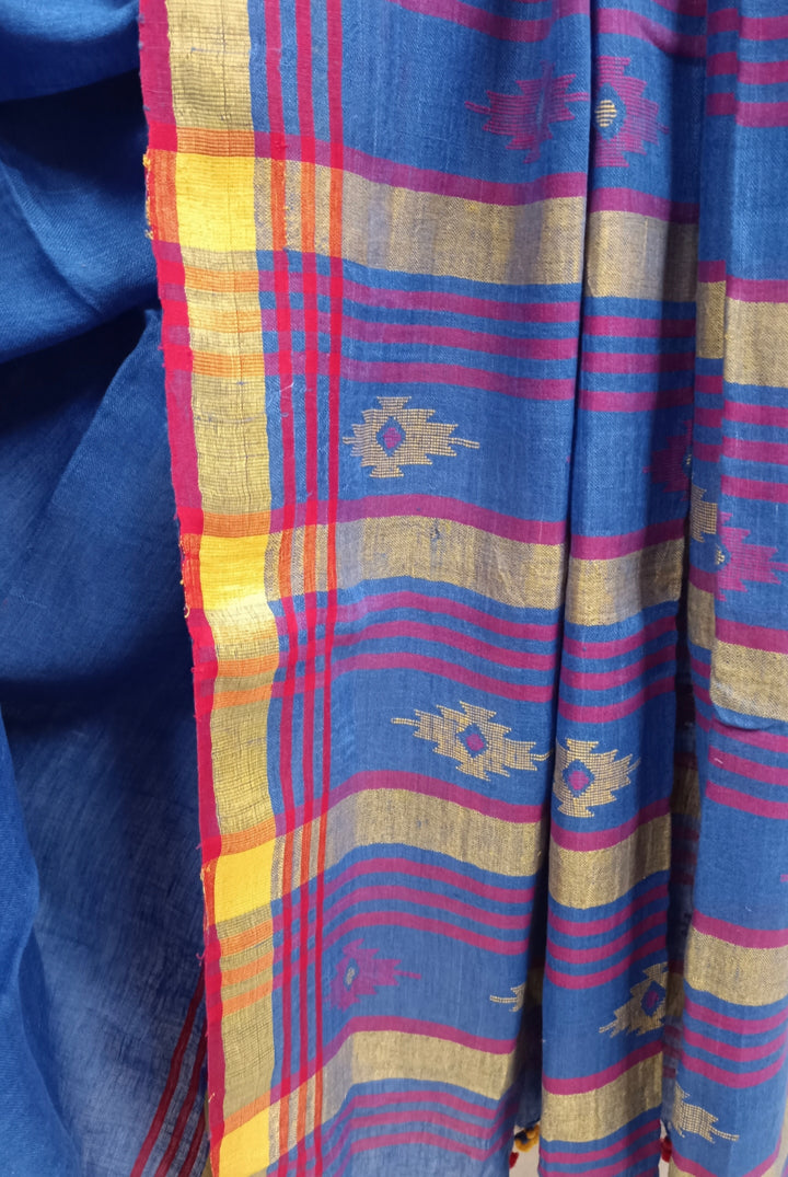 Royal Blue Handloom Linen Jamdani saree Balaram Saha