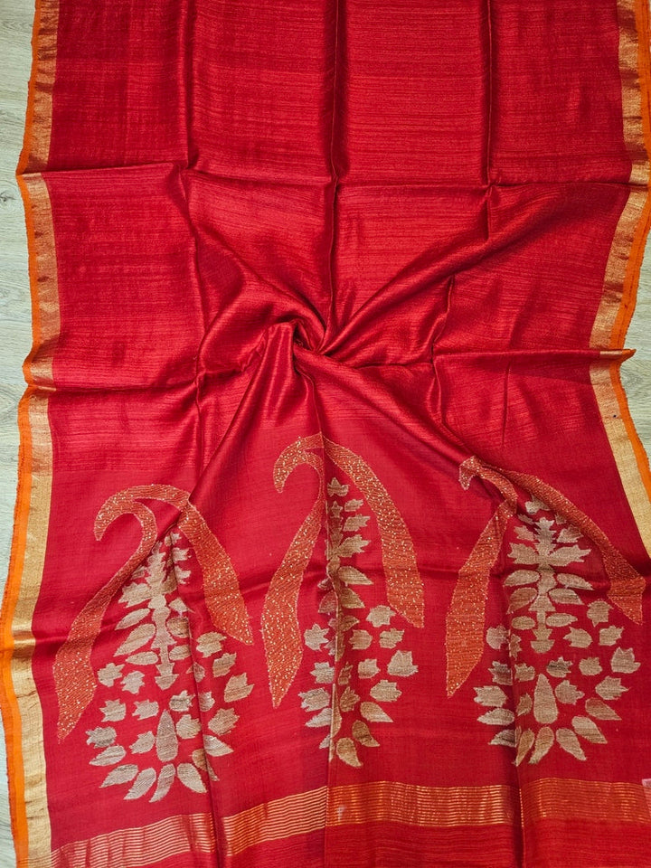 Elegant Red Handloom Matka Silk Saree with Golden Zari & Orange Contrast Border Balaram Saha