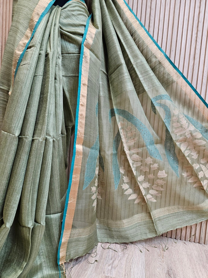 Elegant Pista Green Handloom Matka Silk Saree with Golden Zari & Blue Contrast Border Balaram Saha