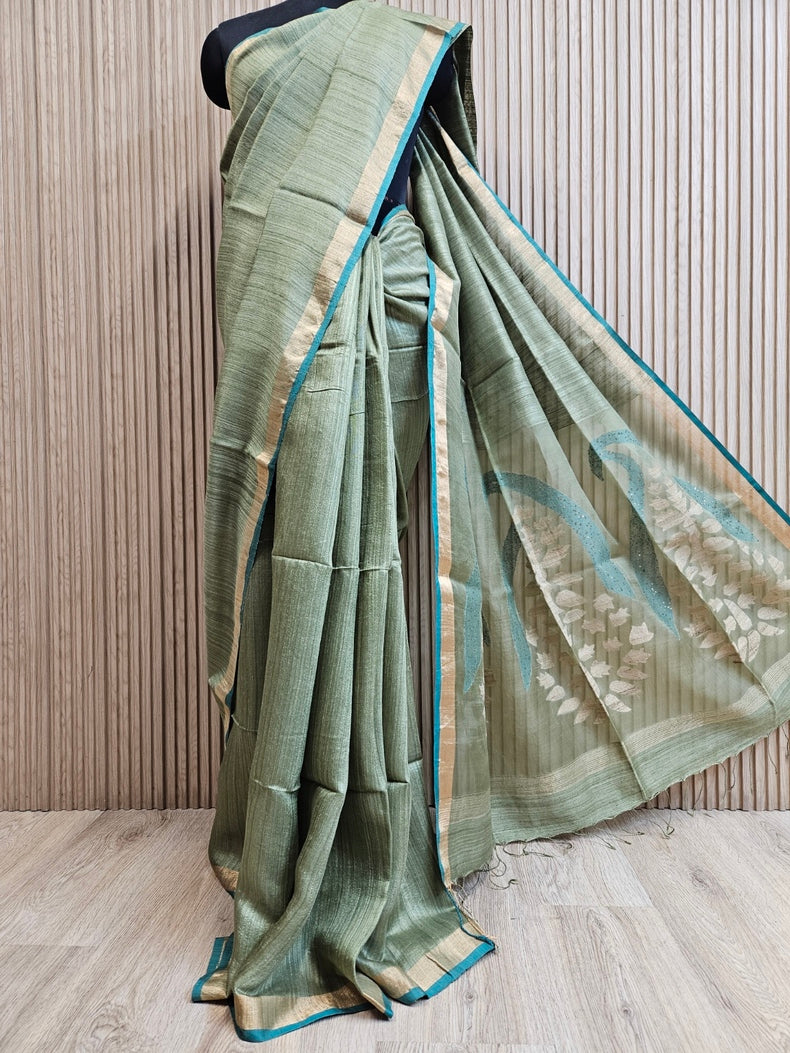 Elegant Pista Green Handloom Matka Silk Saree with Golden Zari & Blue Contrast Border Balaram Saha