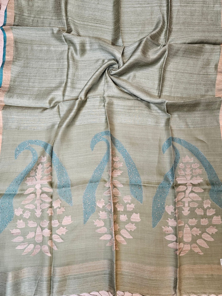 Elegant Pista Green Handloom Matka Silk Saree with Golden Zari & Blue Contrast Border Balaram Saha