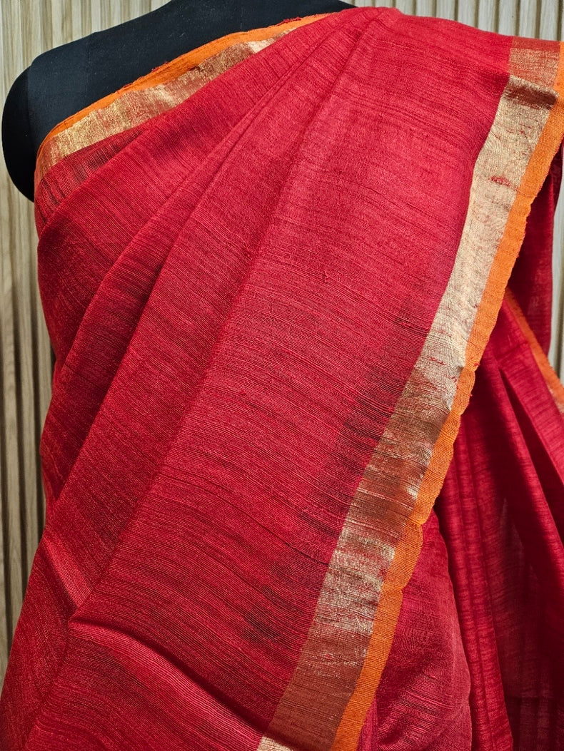 Elegant Red Handloom Matka Silk Saree with Golden Zari & Orange Contrast Border Balaram Saha
