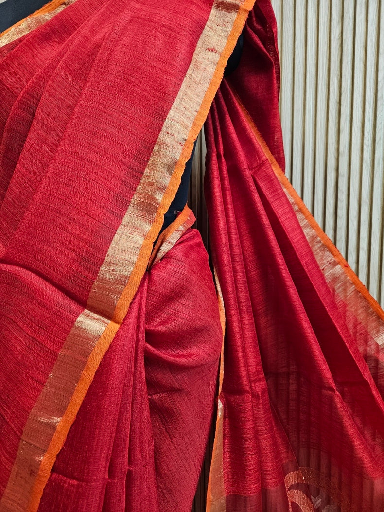 Elegant Red Handloom Matka Silk Saree with Golden Zari & Orange Contrast Border Balaram Saha