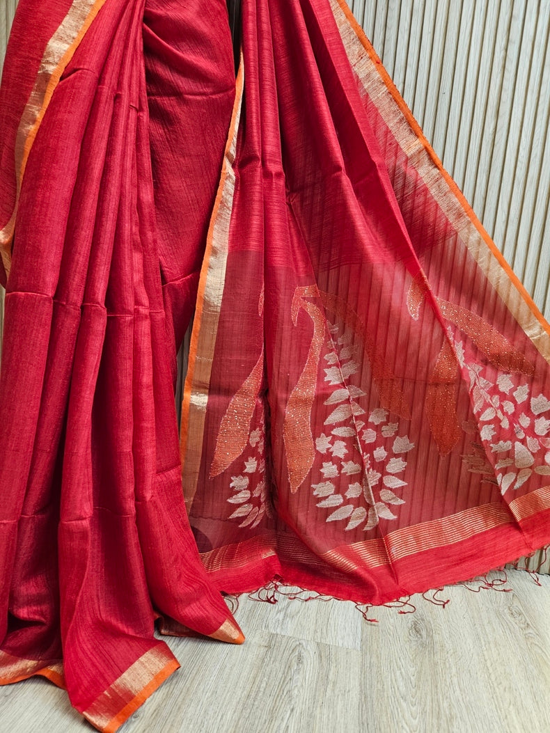 Elegant Red Handloom Matka Silk Saree with Golden Zari & Orange Contrast Border Balaram Saha
