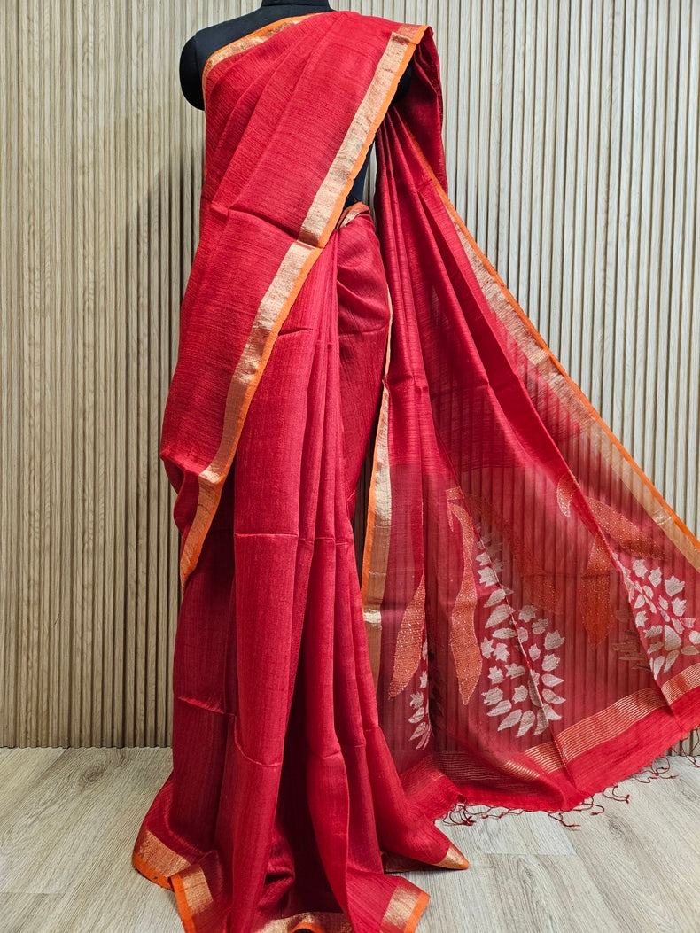 Elegant Red Handloom Matka Silk Saree with Golden Zari & Orange Contrast Border Balaram Saha