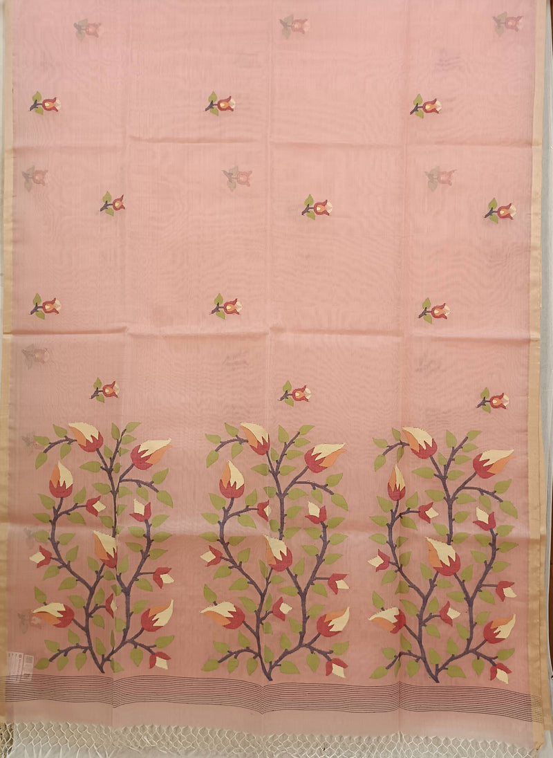 Peach Muslin Silk Handwoven Floral Weave Jamdani Saree Balaram Saha