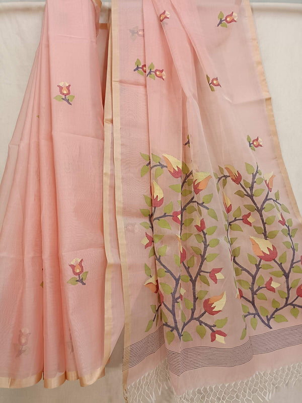 Peach Muslin Silk Handwoven Floral Weave Jamdani Saree Balaram Saha