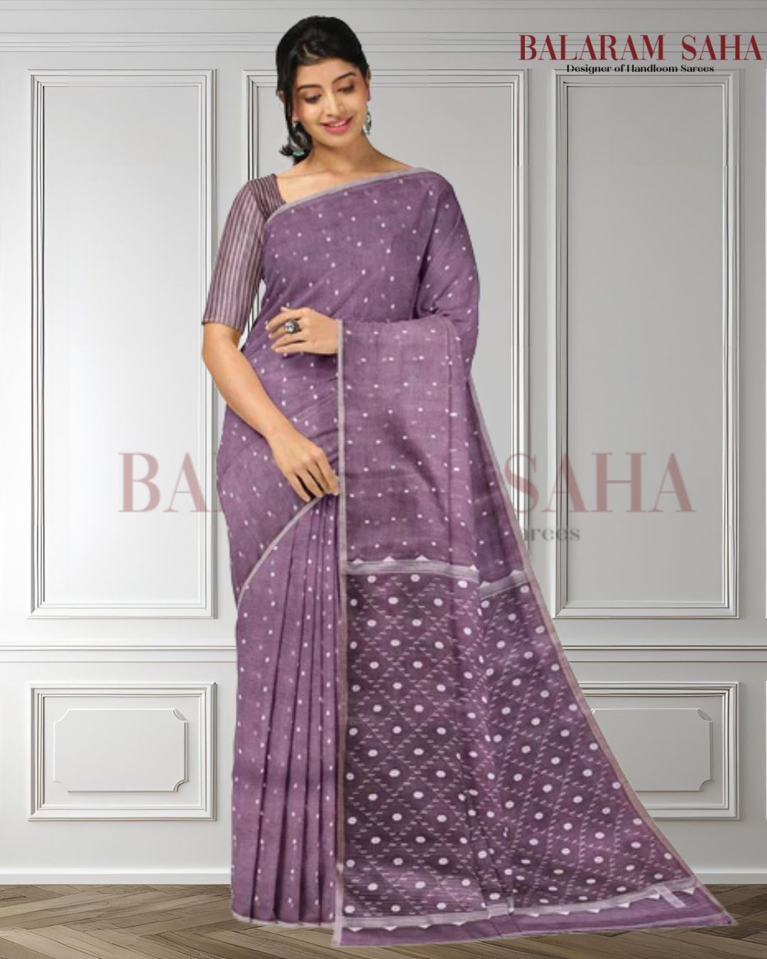 Mauve & White Handwoven Muslin Silk Jamdani Saree Balaram Saha