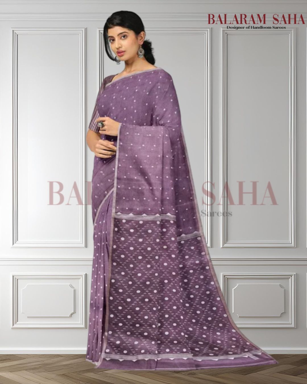Mauve & White Handwoven Muslin Silk Jamdani Saree Balaram Saha
