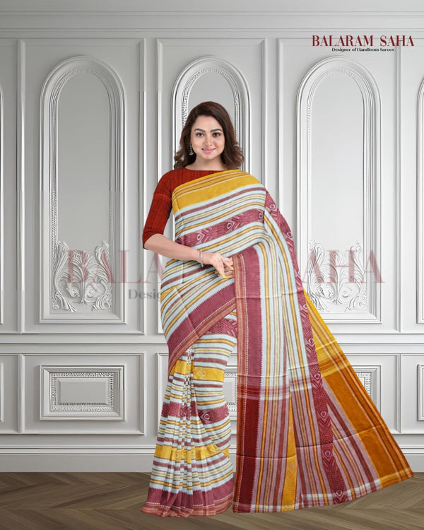 Off-White Handloom Soft Traditional Dhonekali Fish Design Saree Balaram Saha