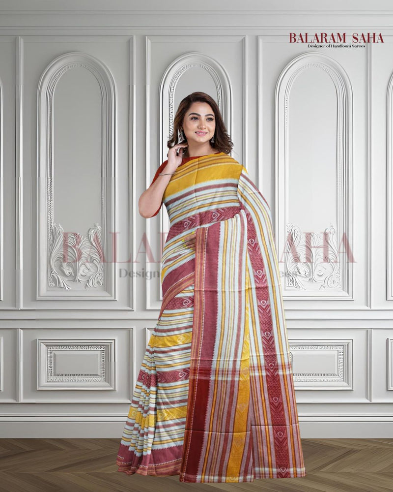 Off-White Handloom Soft Traditional Dhonekali Fish Design Saree Balaram Saha