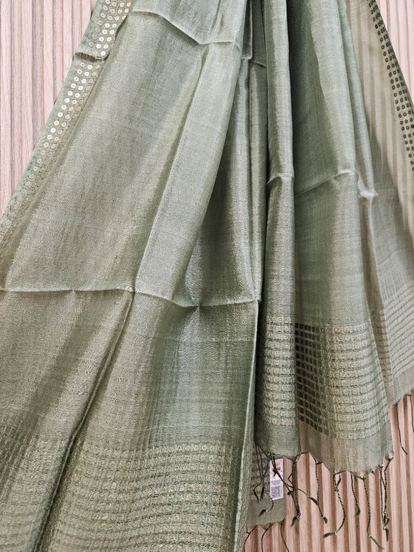 Pastel Green Premium Handloom Katan Silk Dupatta With Sequin Waeve Balaram Saha