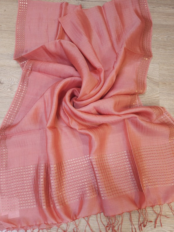 Peach Premium Handloom Katan Silk Dupatta With Sequin Waeve Balaram Saha