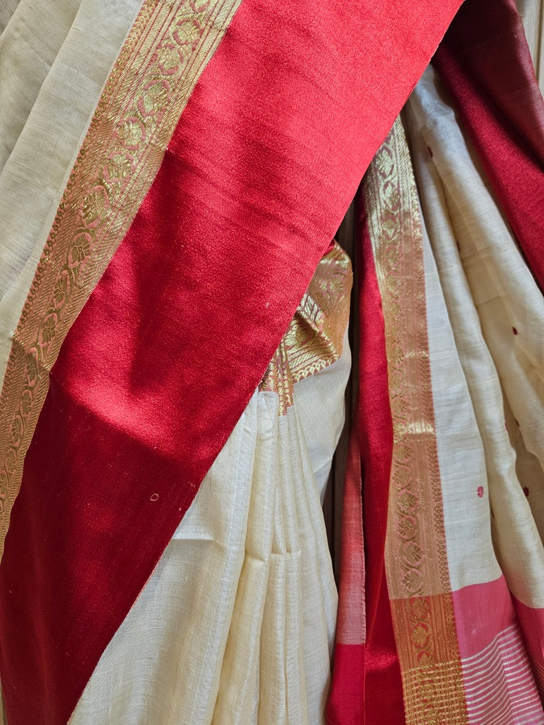 Beige & Red Handloom  Gachhi Tussar Silk Saree with Red Satin Woven Border Balaram Saha