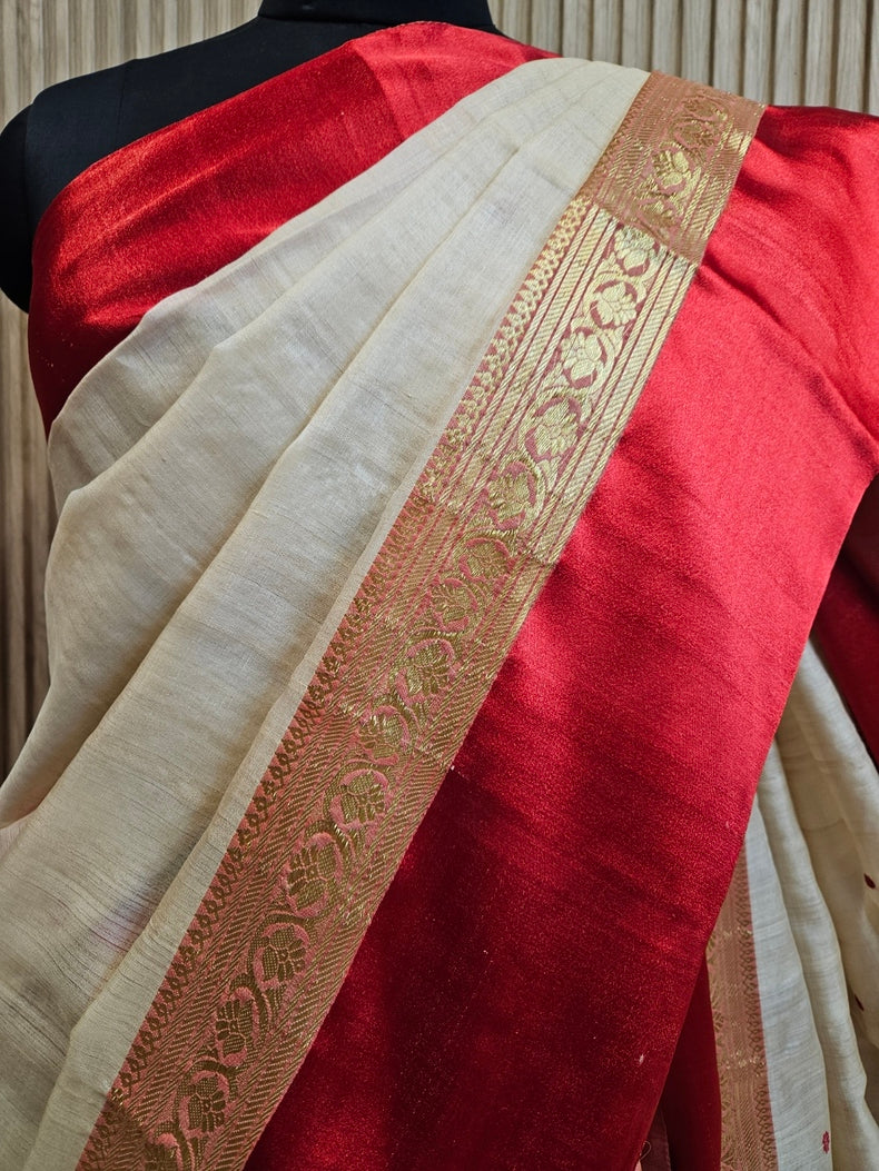 Beige & Red Handloom  Gachhi Tussar Silk Saree with Red Satin Woven Border Balaram Saha