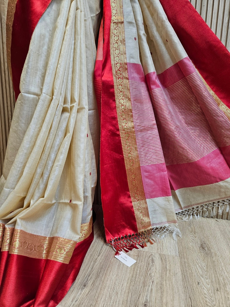 Beige & Red Handloom  Gachhi Tussar Silk Saree with Red Satin Woven Border Balaram Saha