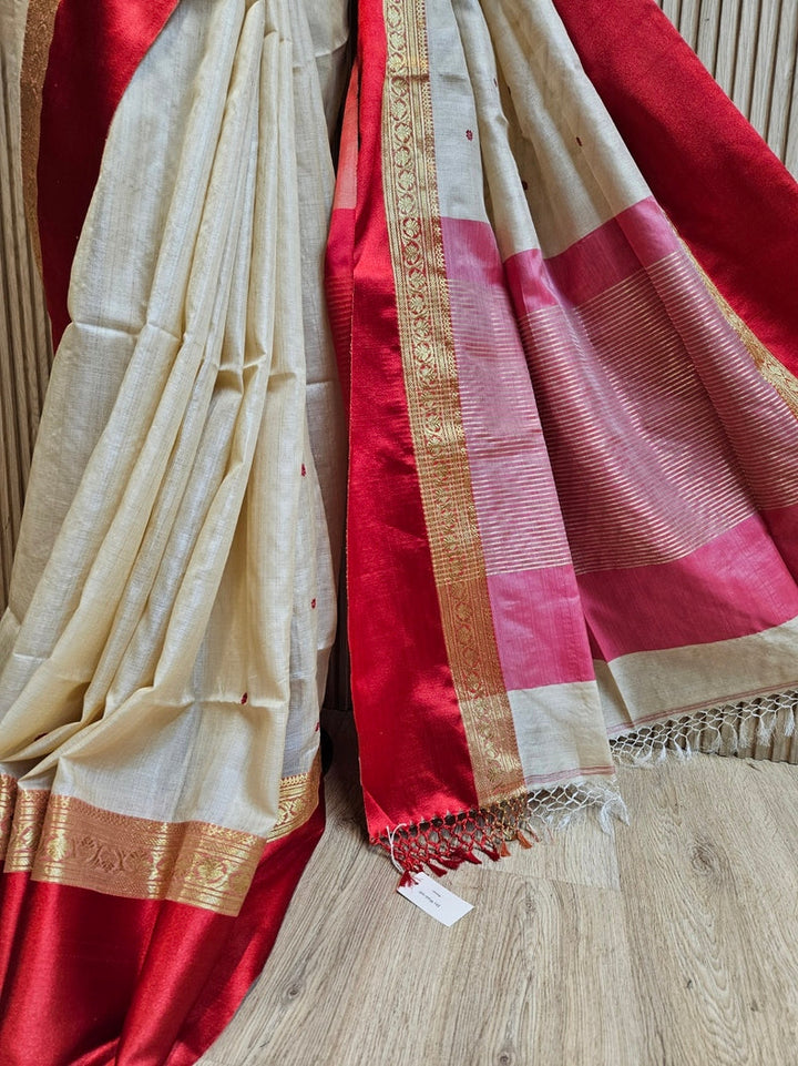 Beige & Red Handloom  Gachhi Tussar Silk Saree with Red Satin Woven Border Balaram Saha